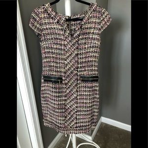 Tweed multi color dress with leather trim!